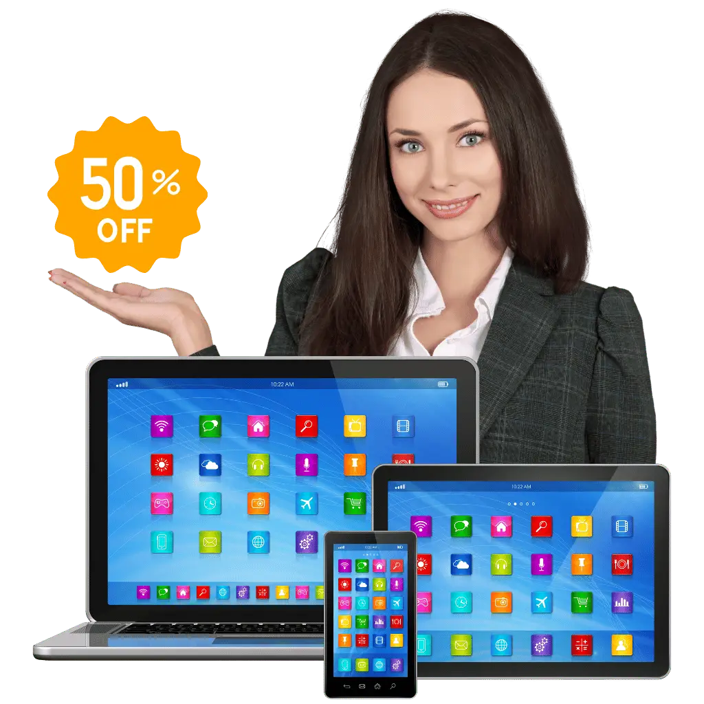Beautiful girl with devices and softwares. 50% discount
